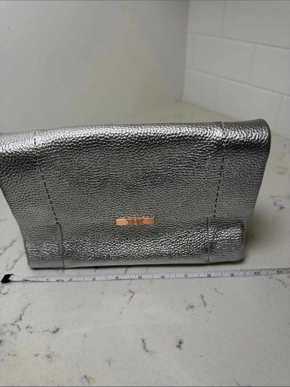 NWT Ted Baker London Parson Pebbled Metallic Silver Leather Crossbody Bag